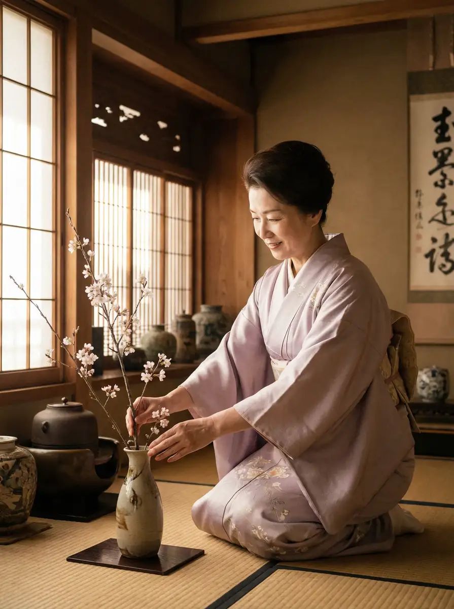 一位优雅的 八方体育平台 在和室中插花